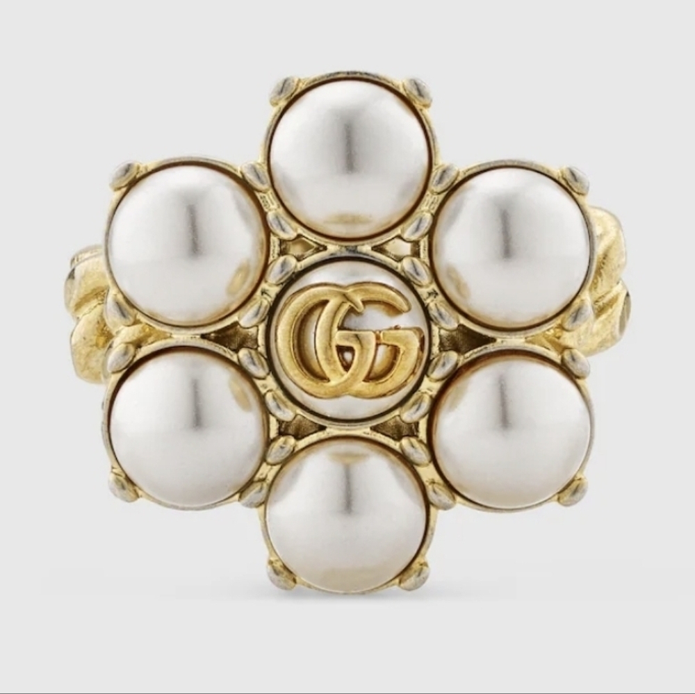 Auth Gucci Pearl Double GG Ring